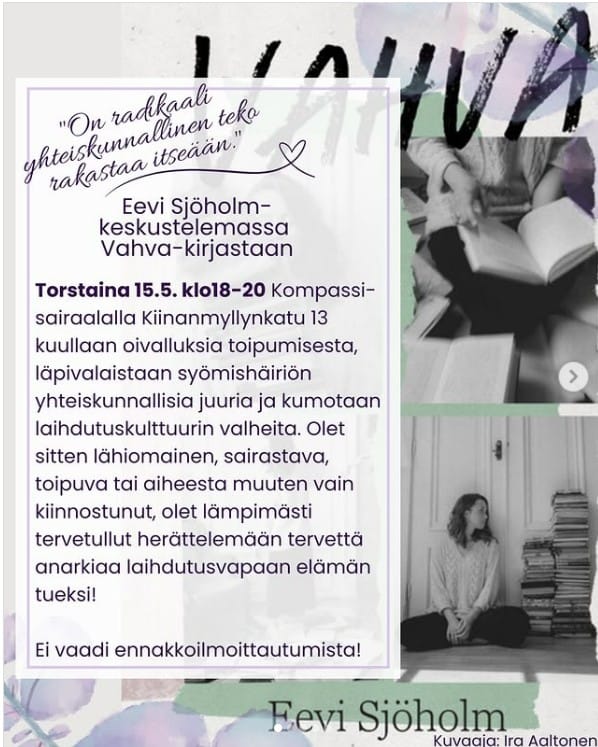 Eevi Sjöholm keskustelemassa Vahva -kirjastaan
